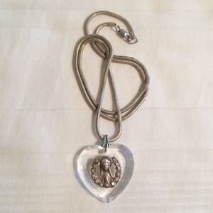 Vintage Chapel Sterling Mother Mary Glass Heart Necklace